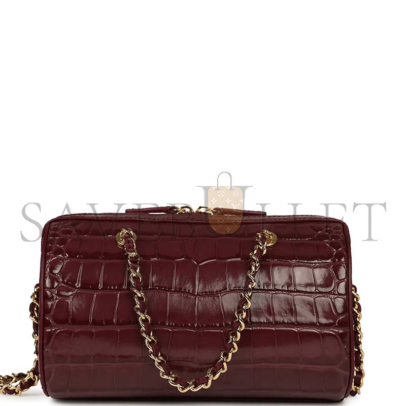 CHANEL MINI TIMELESS CLASSIC BARREL BAG WITH CHAIN DARK BURGUNDY CROCO EMBOSSED CALFSKIN GOLD HARDWARE AS5390 (18*13*10cm)